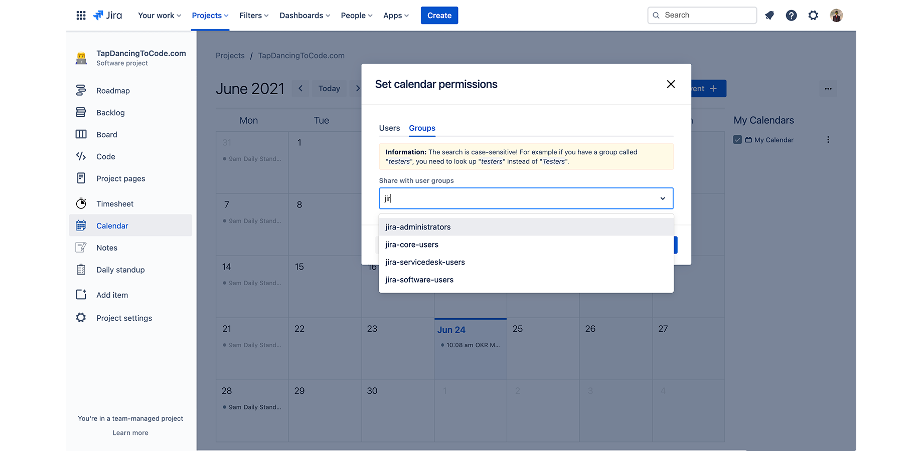 jira calendar share users