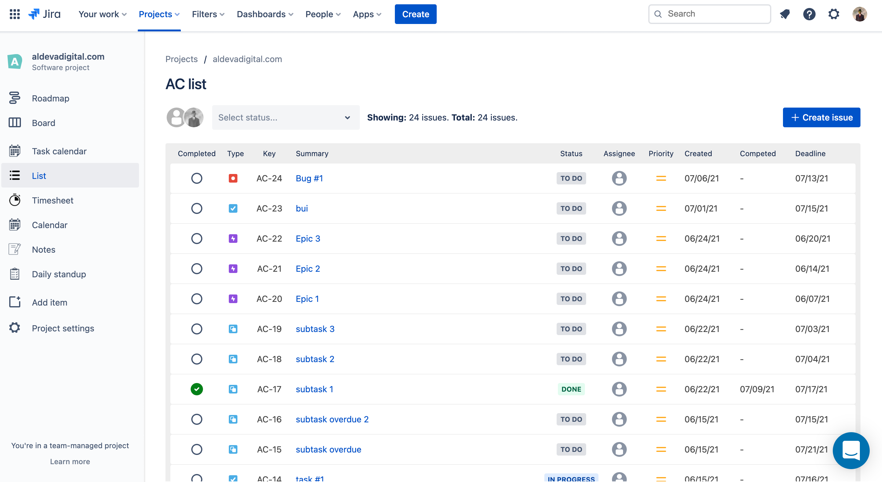 jira issue list view